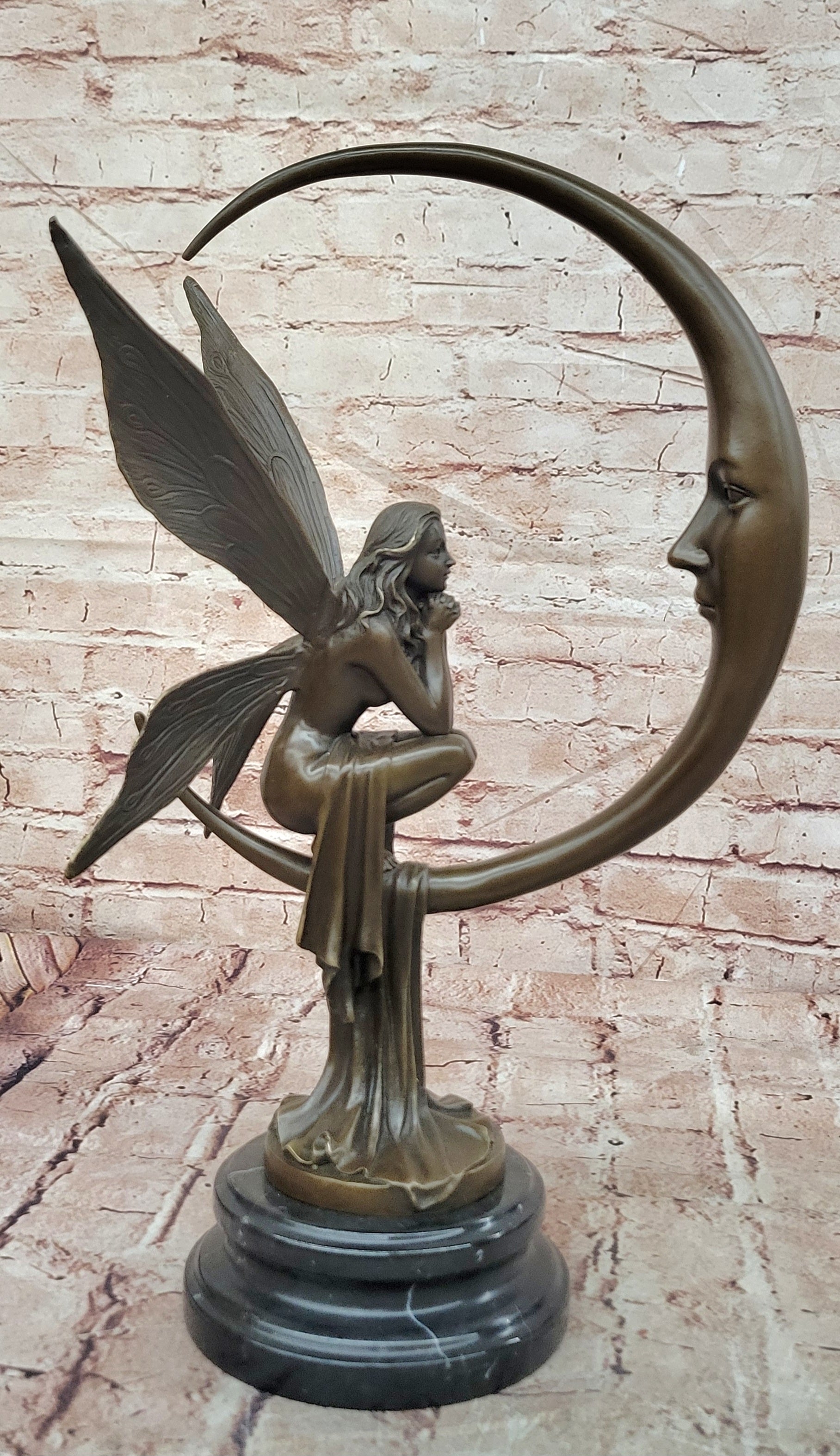 Bronze Fairy on Crescent Moon Sculpture by Mario Nick ''Celestial Dream'' Statue