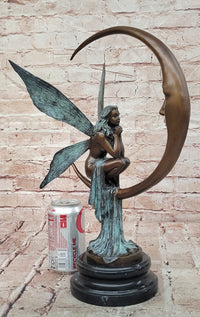 Signed Original Mario Nick Bronze Fairy on Crescent Moon Sculpture Statue