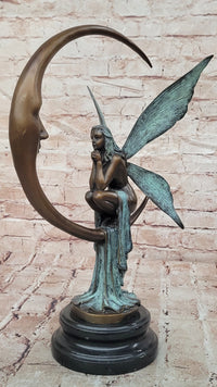 Signed Original Mario Nick Bronze Fairy on Crescent Moon Sculpture Statue