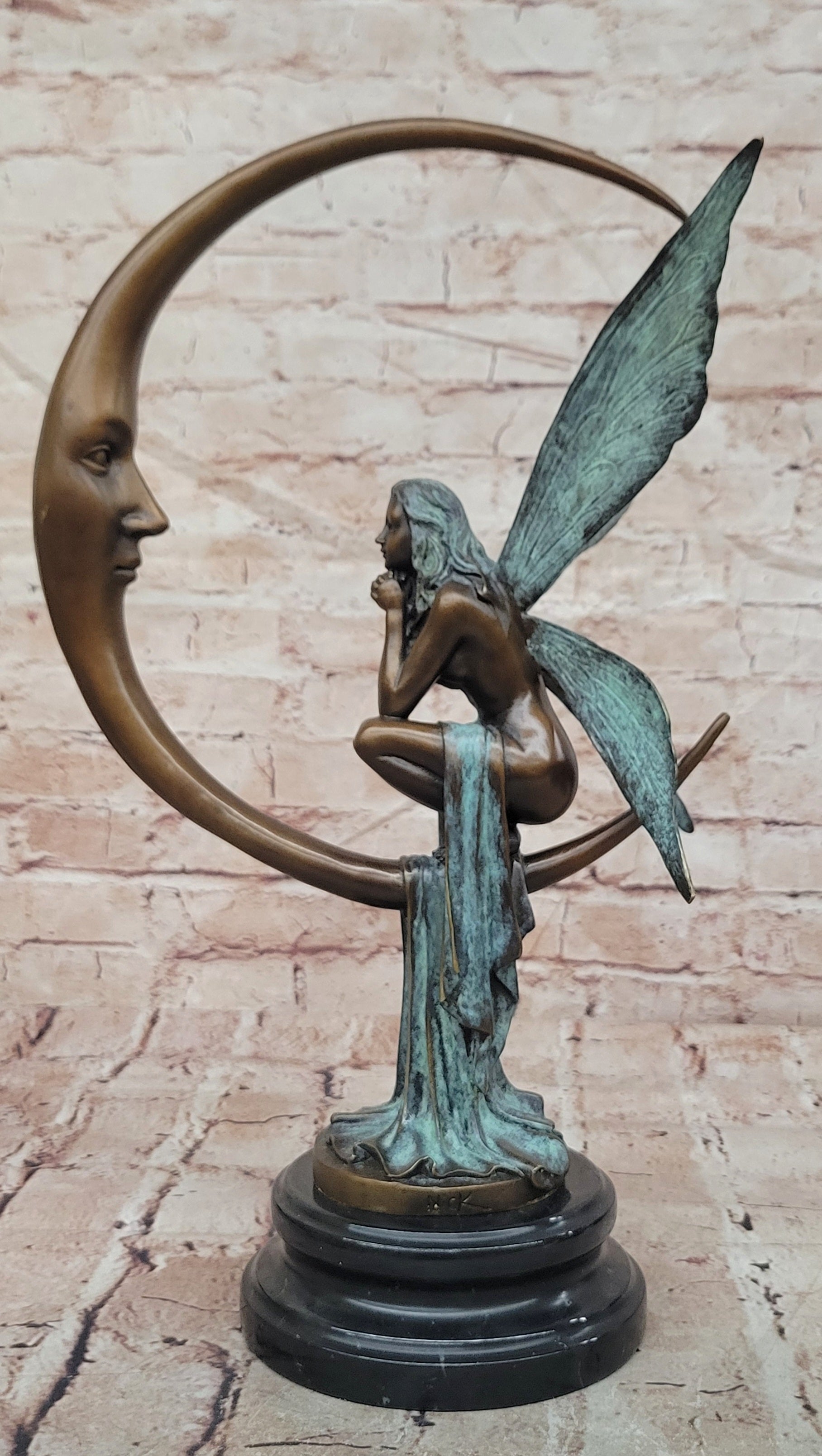 Signed Original Mario Nick Bronze Fairy on Crescent Moon Sculpture Statue