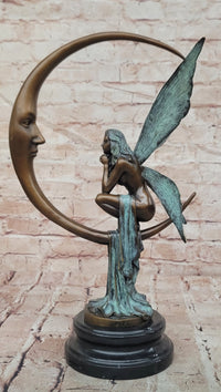 Signed Original Mario Nick Bronze Fairy on Crescent Moon Sculpture Statue