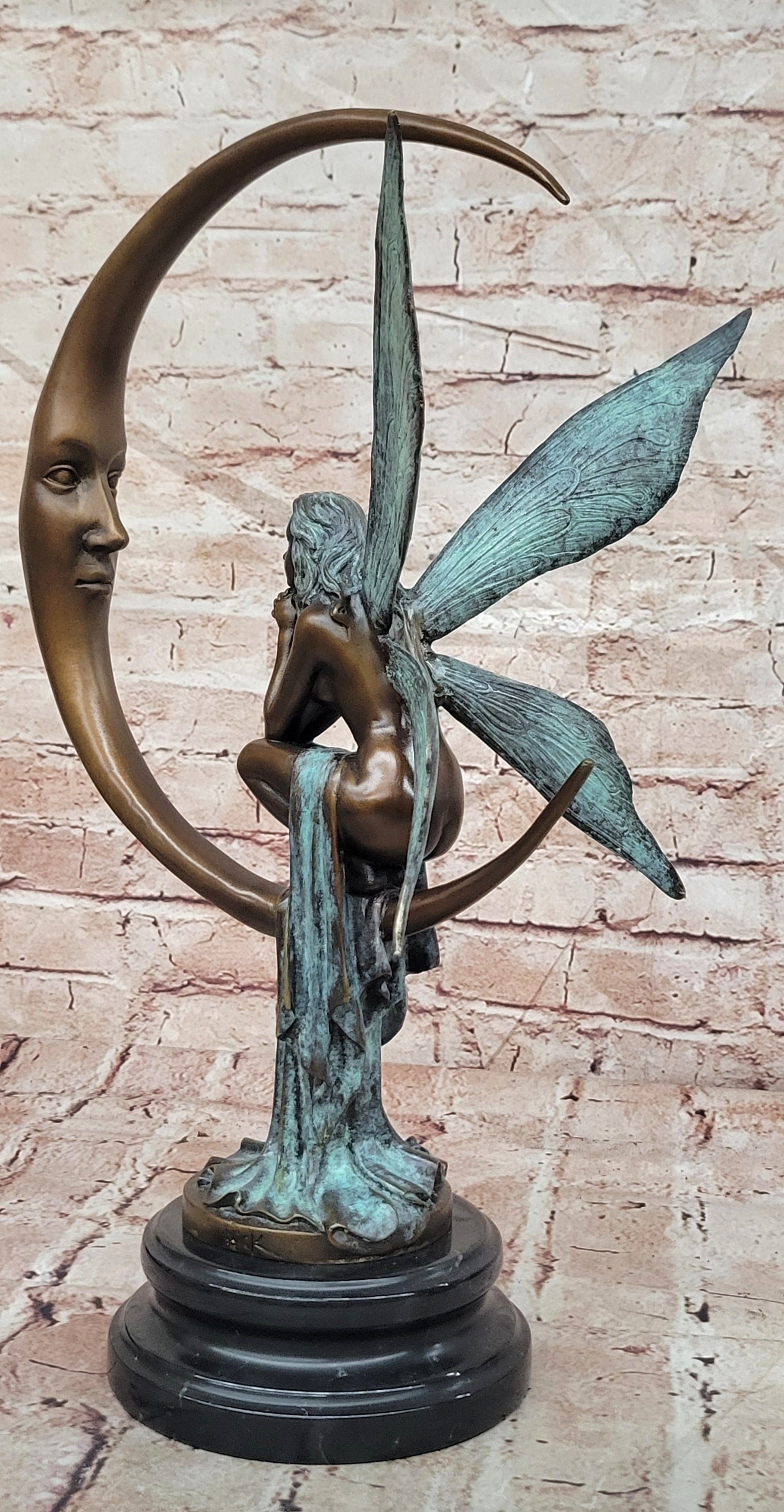 Signed Original Mario Nick Bronze Fairy on Crescent Moon Sculpture Statue