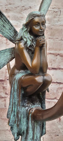 Signed Original Mario Nick Bronze Fairy on Crescent Moon Sculpture Statue