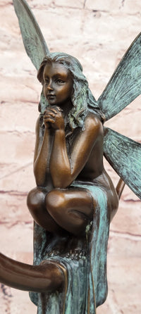 Signed Original Mario Nick Bronze Fairy on Crescent Moon Sculpture Statue