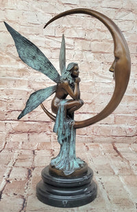 Signed Original Mario Nick Bronze Fairy on Crescent Moon Sculpture Statue
