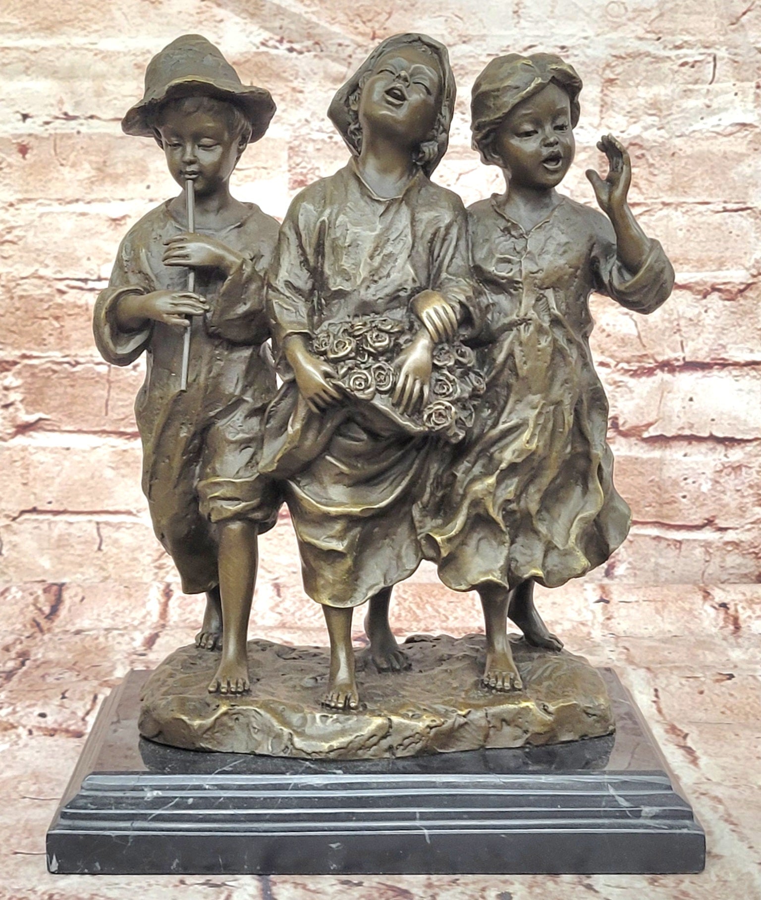 Signed Original Cesaro Rural Songs Three Children Playing Music Bronze Sculpture