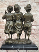 Signed Original Cesaro Rural Songs Three Children Playing Music Bronze Sculpture