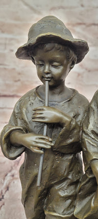 Signed Original Cesaro Rural Songs Three Children Playing Music Bronze Sculpture