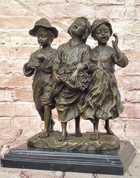 Signed Original Cesaro Rural Songs Three Children Playing Music Bronze Sculpture