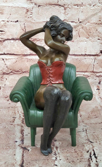 Bronze Figure Sculpture Sensual Woman on Chair Signed Original Artwork by Milo