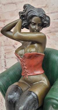 Bronze Figure Sculpture Sensual Woman on Chair Signed Original Artwork by Milo