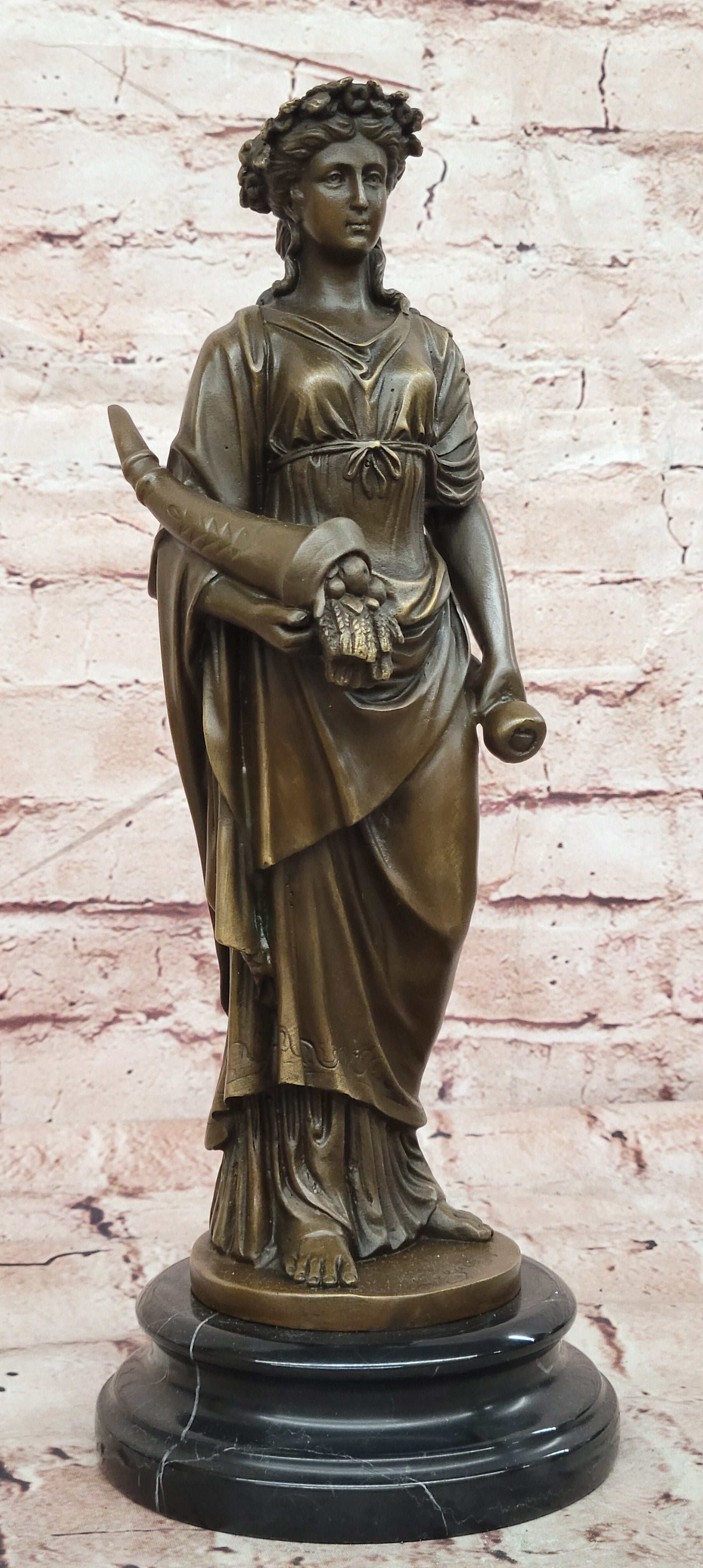 Bronze Goddess of Luck Fortuna with Cornucopia Signed Césaro Sculpture Statue