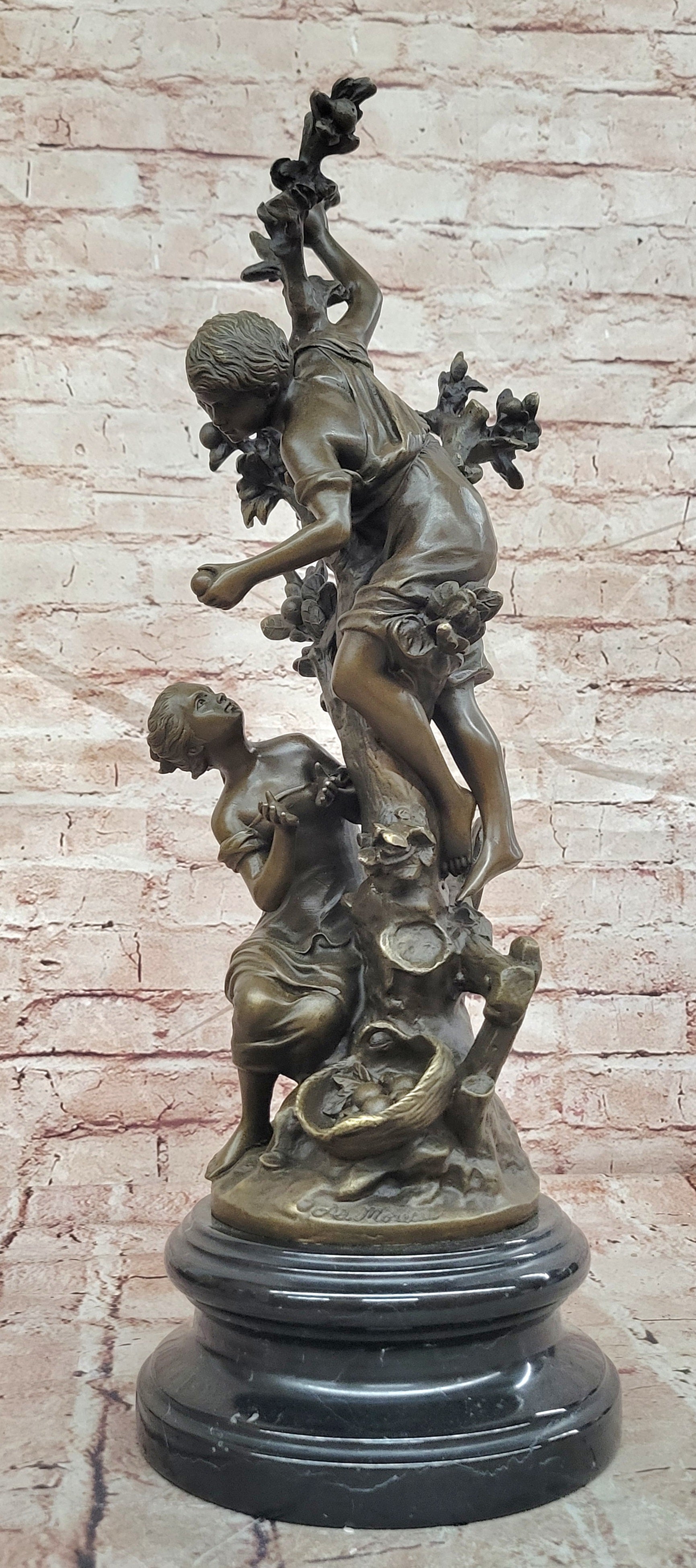 Children Picking up Fruit from a Tree Bronze Sculpture by Moreau Hand Made Statue
