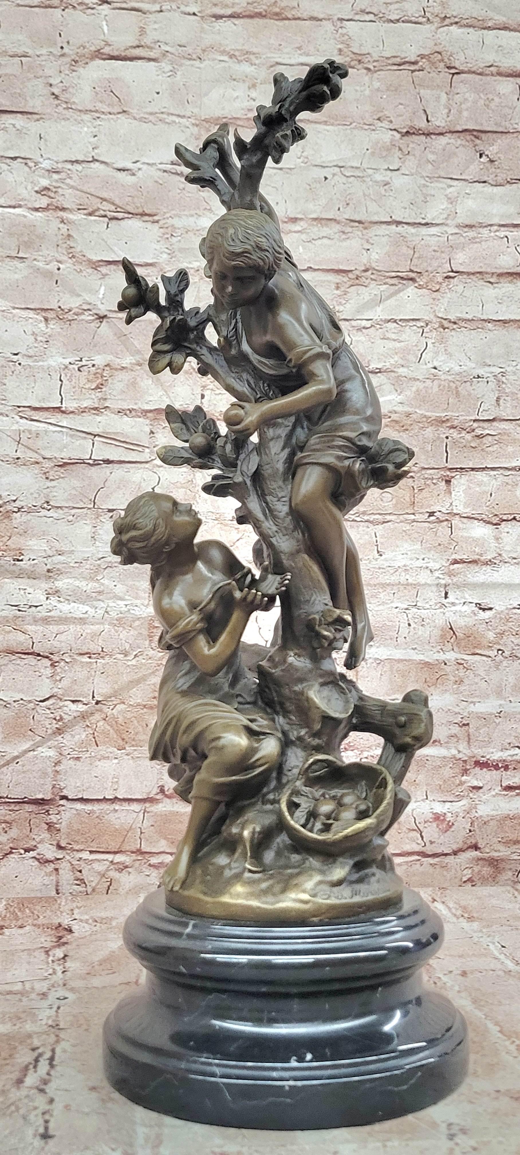 Children Picking up Fruit from a Tree Bronze Sculpture by Moreau Hand Made Statue