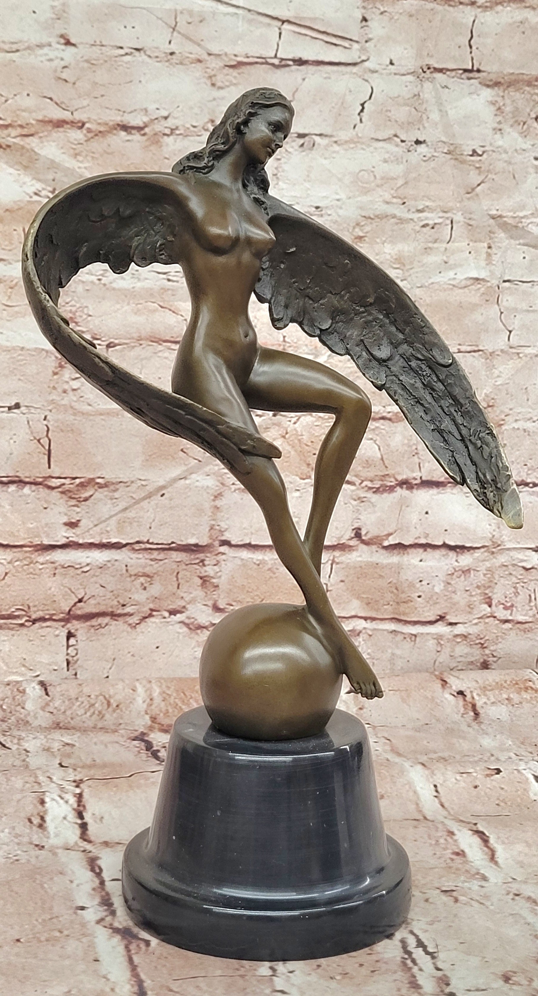 Icarus Bronze Sculpture: Winged Woman Art Nouveau Figurine on Marble Cesaro