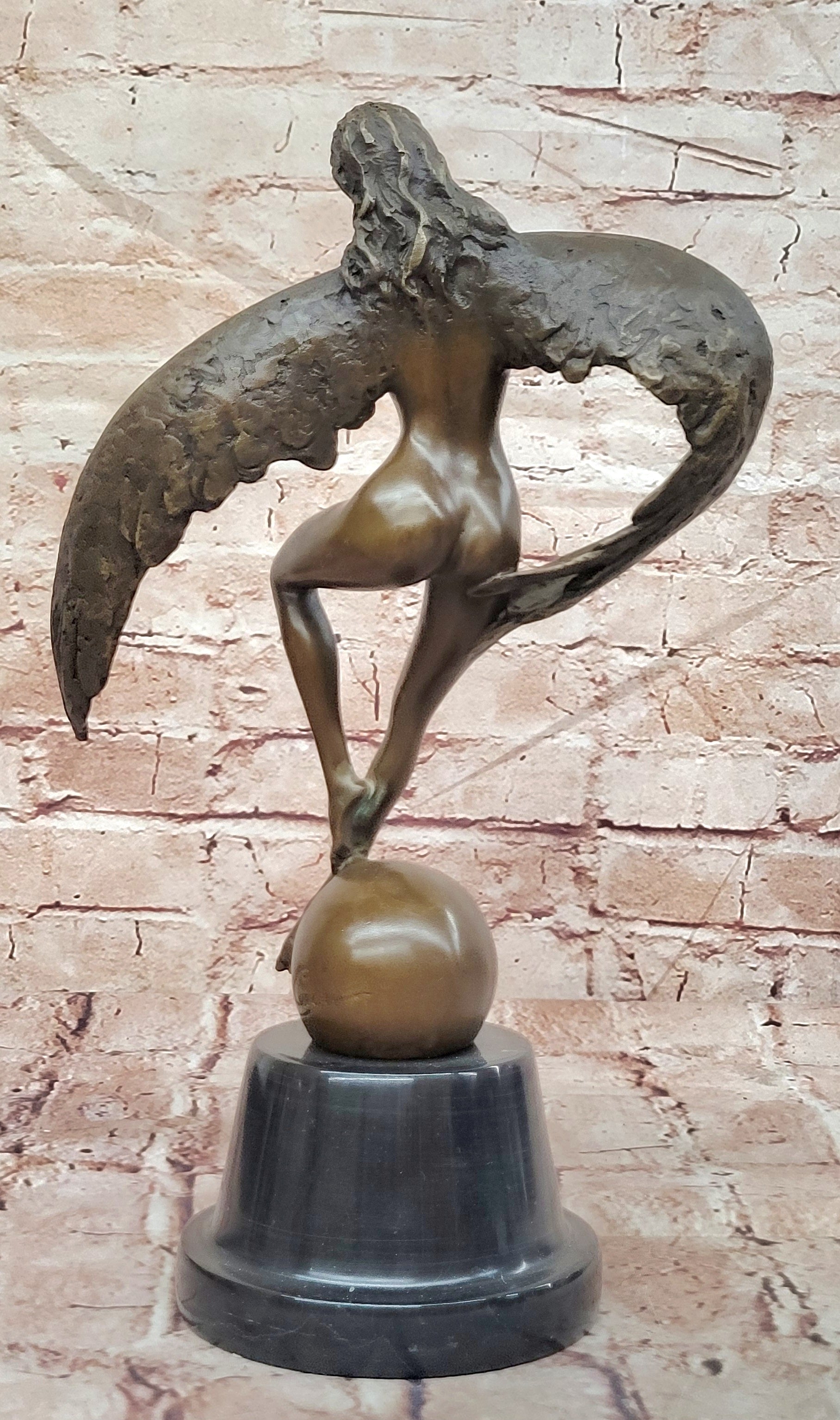 Icarus Bronze Sculpture: Winged Woman Art Nouveau Figurine on Marble Cesaro