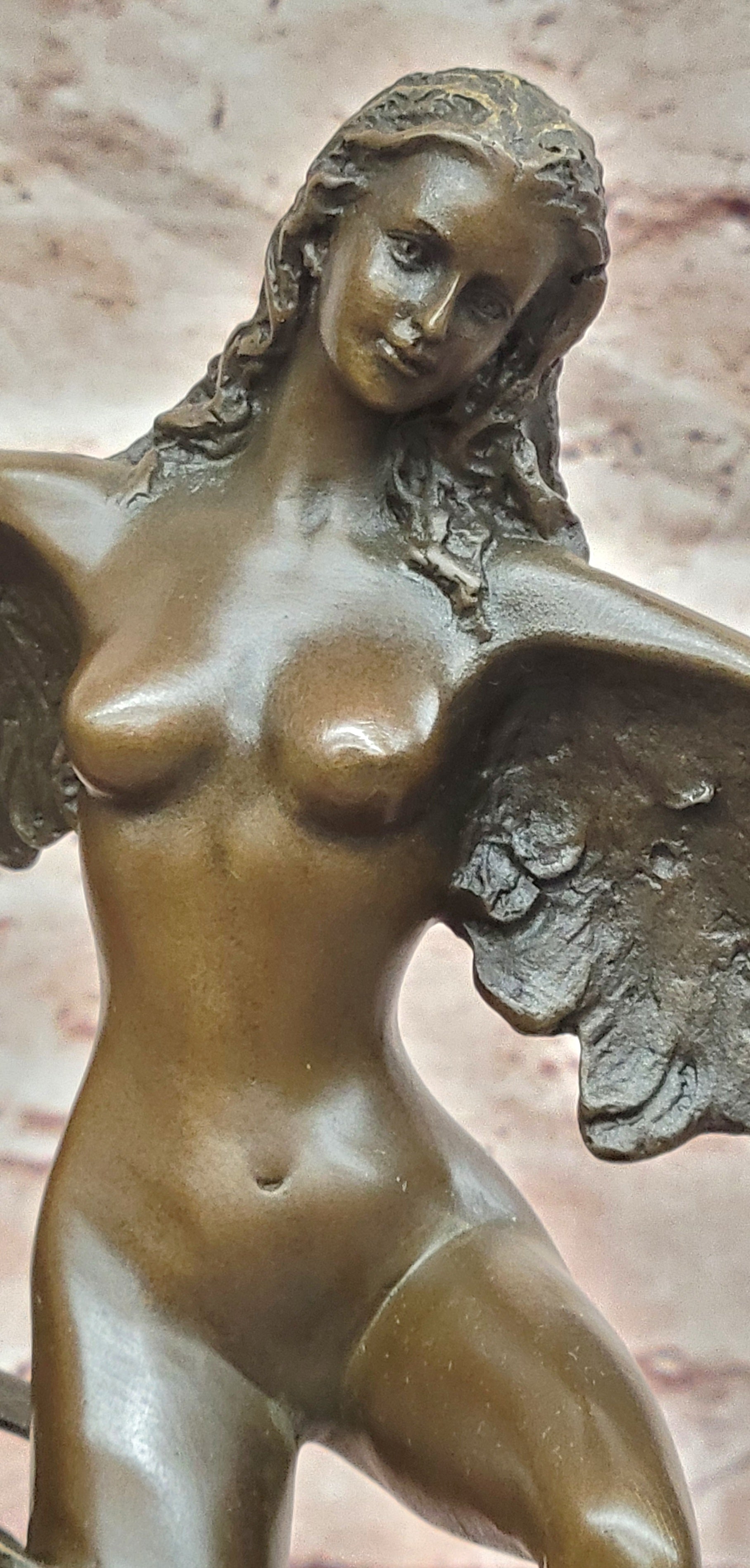 Icarus Bronze Sculpture: Winged Woman Art Nouveau Figurine on Marble Cesaro
