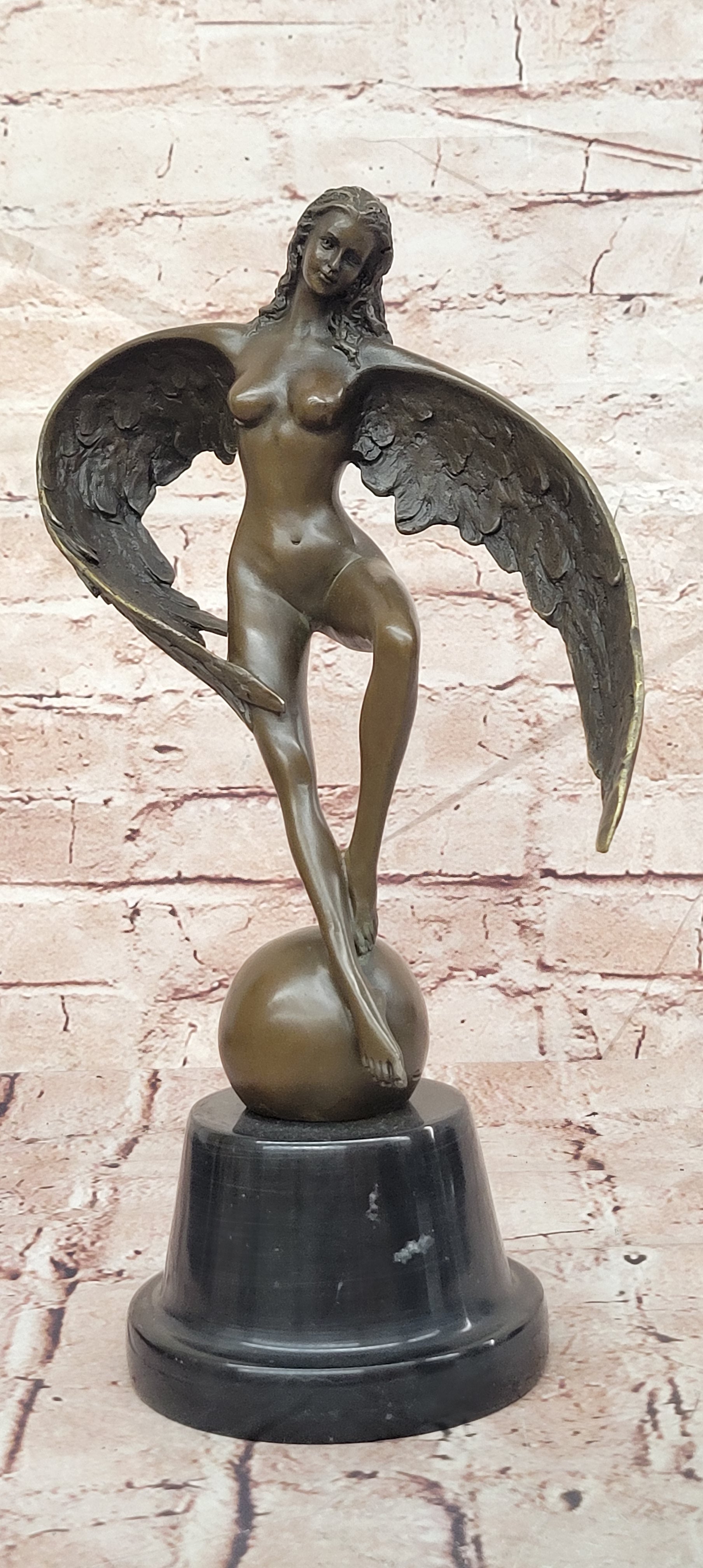 Icarus Bronze Sculpture: Winged Woman Art Nouveau Figurine on Marble Cesaro