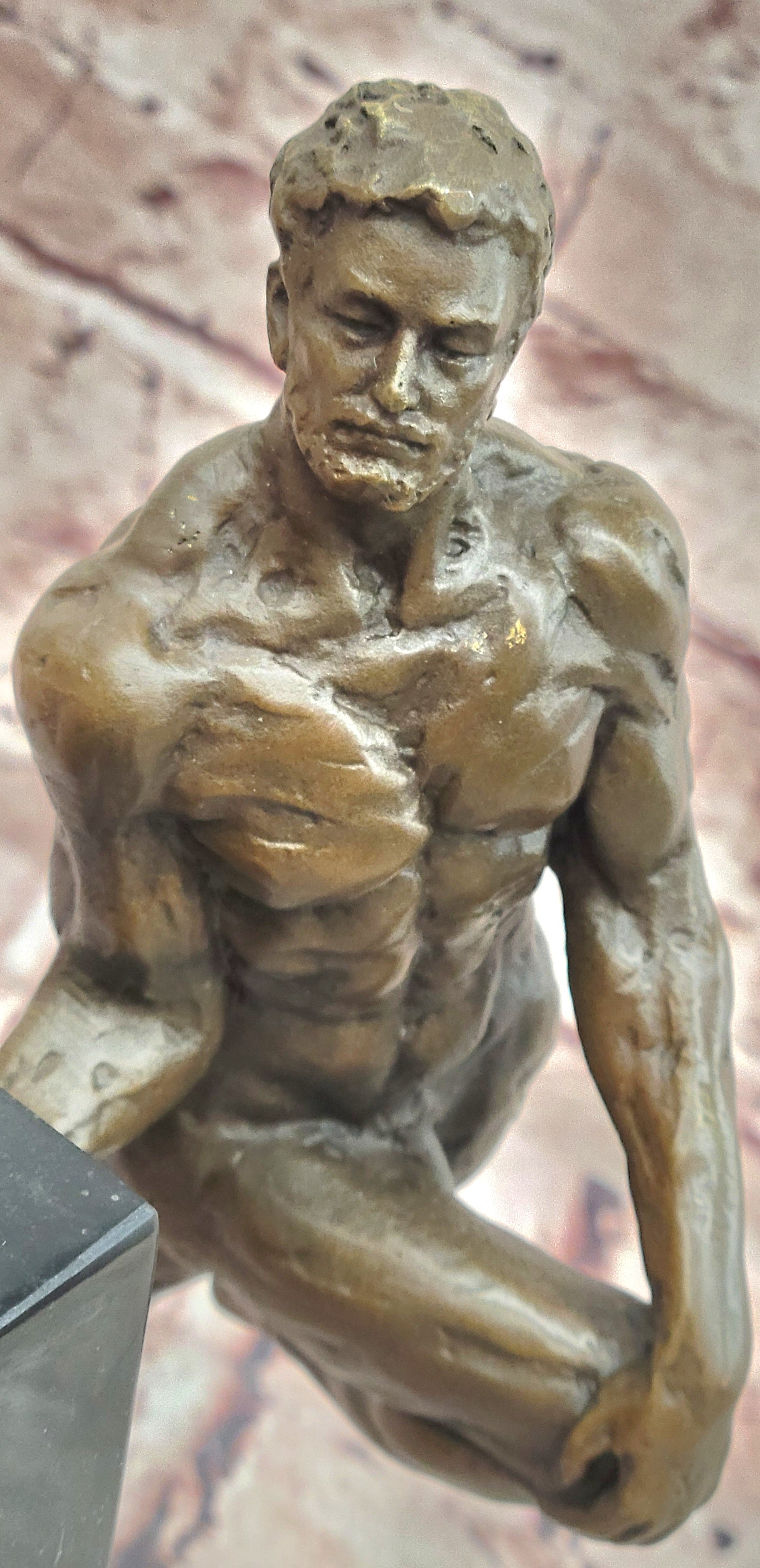 Bronze Bodybuilder Sculpture – Male Nude Art on Marble Base Signed Cesaro