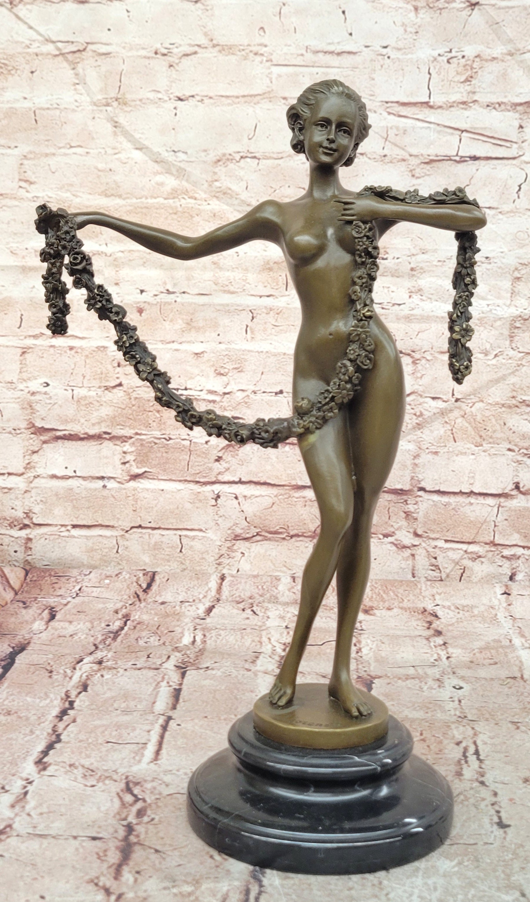 Joseph Lorenzl Bronze Sculpture of a woman Holding a Floral Garland Statue