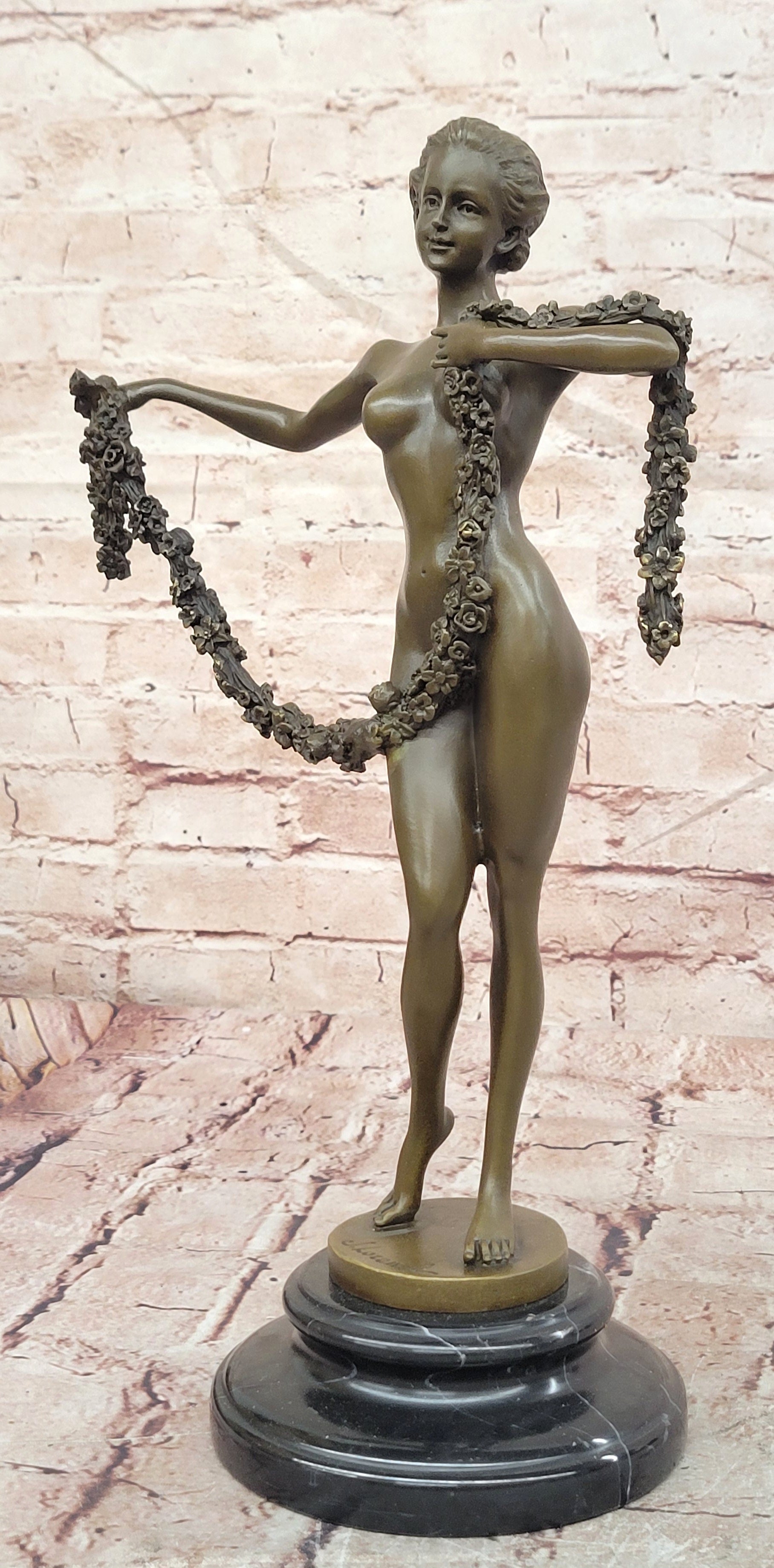 Joseph Lorenzl Bronze Sculpture of a woman Holding a Floral Garland Statue