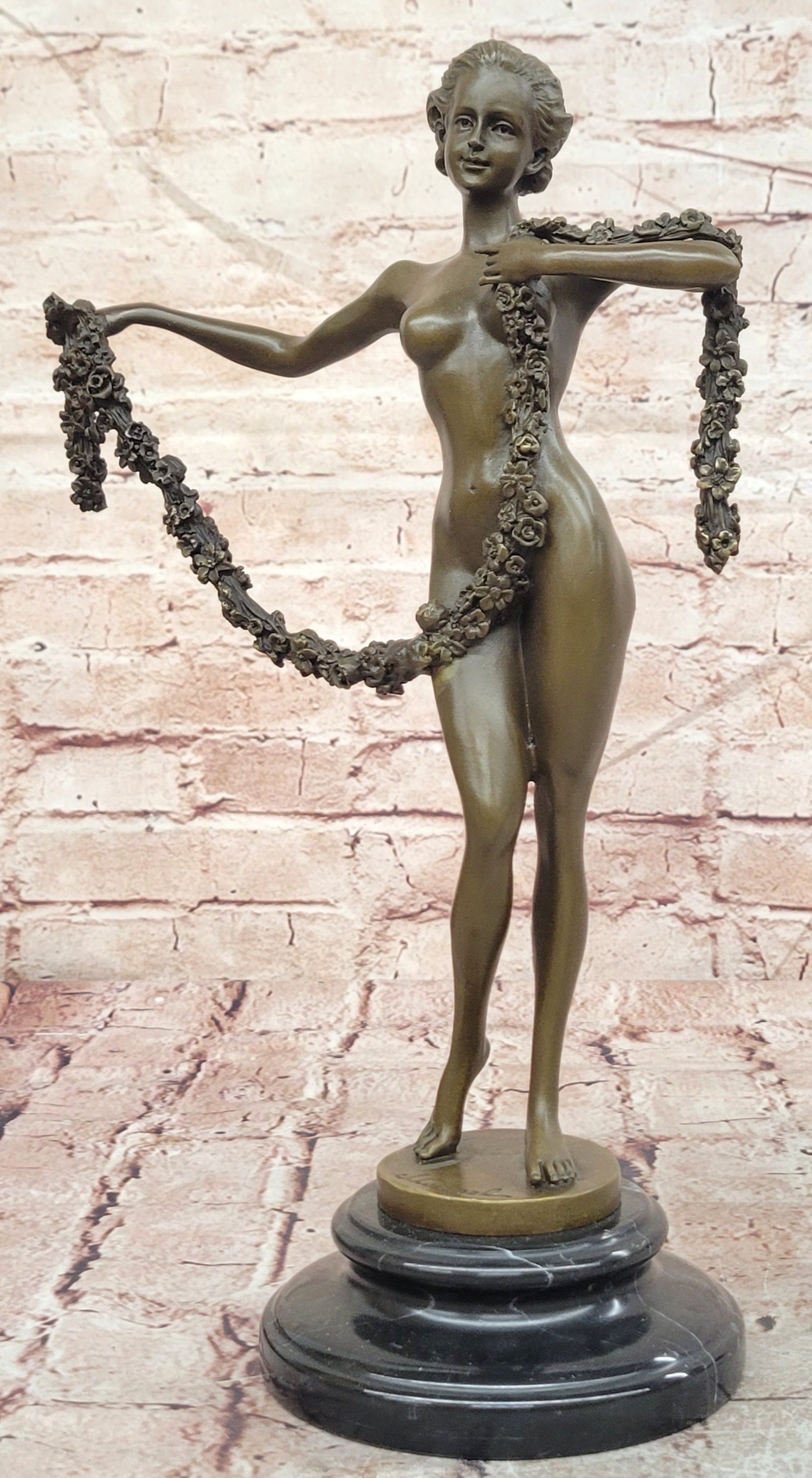 Joseph Lorenzl Bronze Sculpture of a woman Holding a Floral Garland Statue