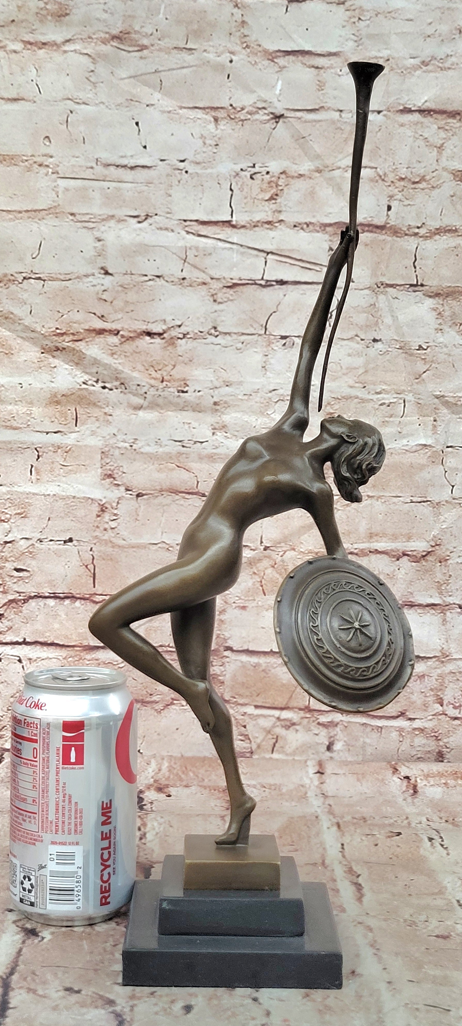 Art Deco Figural Bronze Sculpture by Raymonde Guerbe Female Holding a Shield