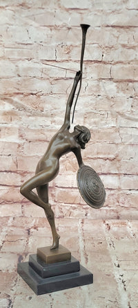 Art Deco Figural Bronze Sculpture by Raymonde Guerbe Female Holding a Shield