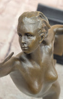 Art Deco Figural Bronze Sculpture by Raymonde Guerbe Female Holding a Shield