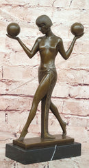 Signed Raymonde Guerbe Art Deco Regal Woman Balancing Balls Bronze Sculpture