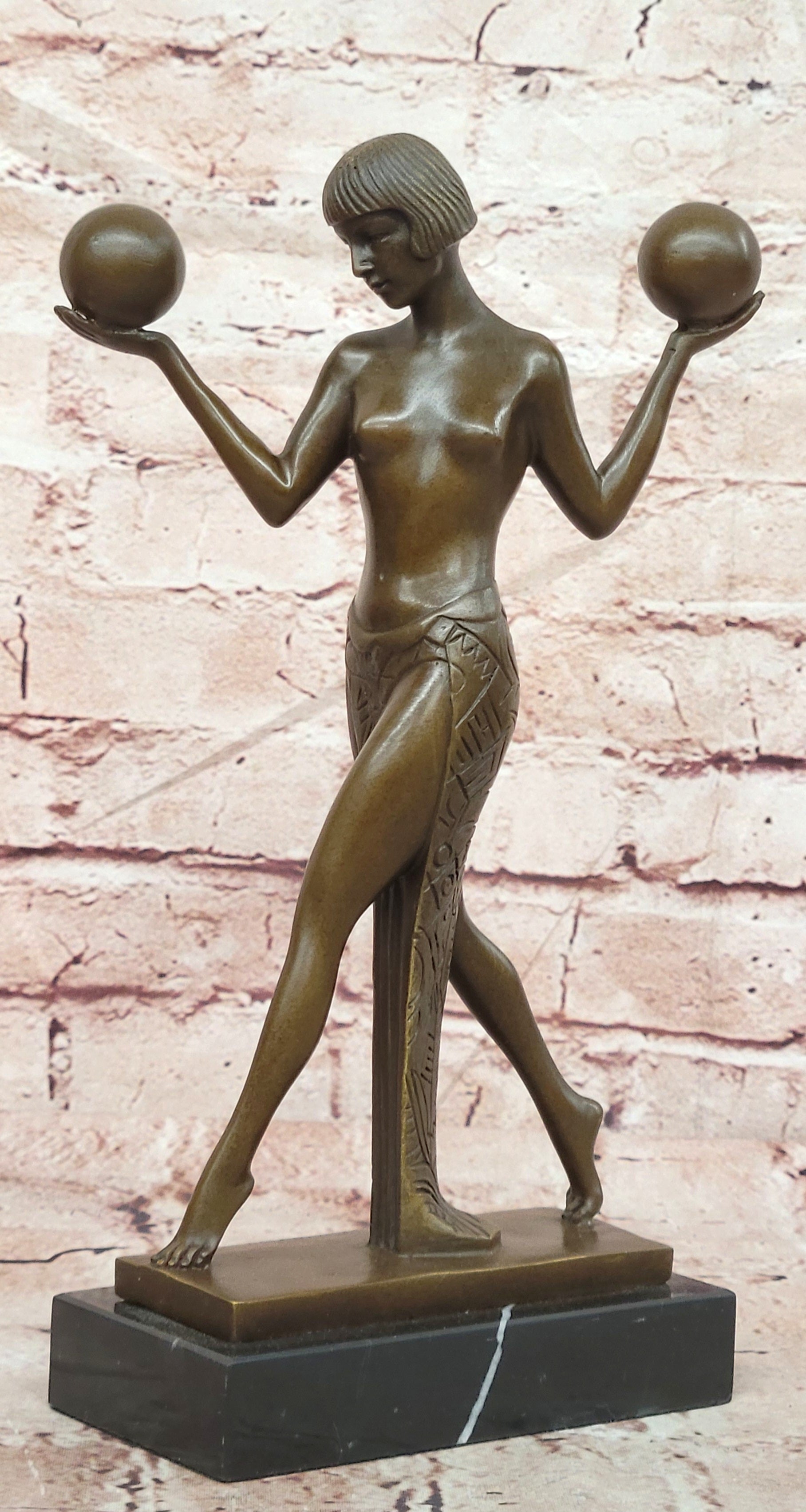 Signed Raymonde Guerbe Art Deco Regal Woman Balancing Balls Bronze Sculpture