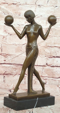 Signed Raymonde Guerbe Art Deco Regal Woman Balancing Balls Bronze Sculpture