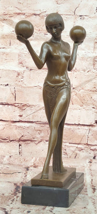 Signed Raymonde Guerbe Art Deco Regal Woman Balancing Balls Bronze Sculpture