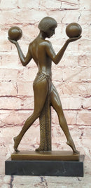 Signed Raymonde Guerbe Art Deco Regal Woman Balancing Balls Bronze Sculpture