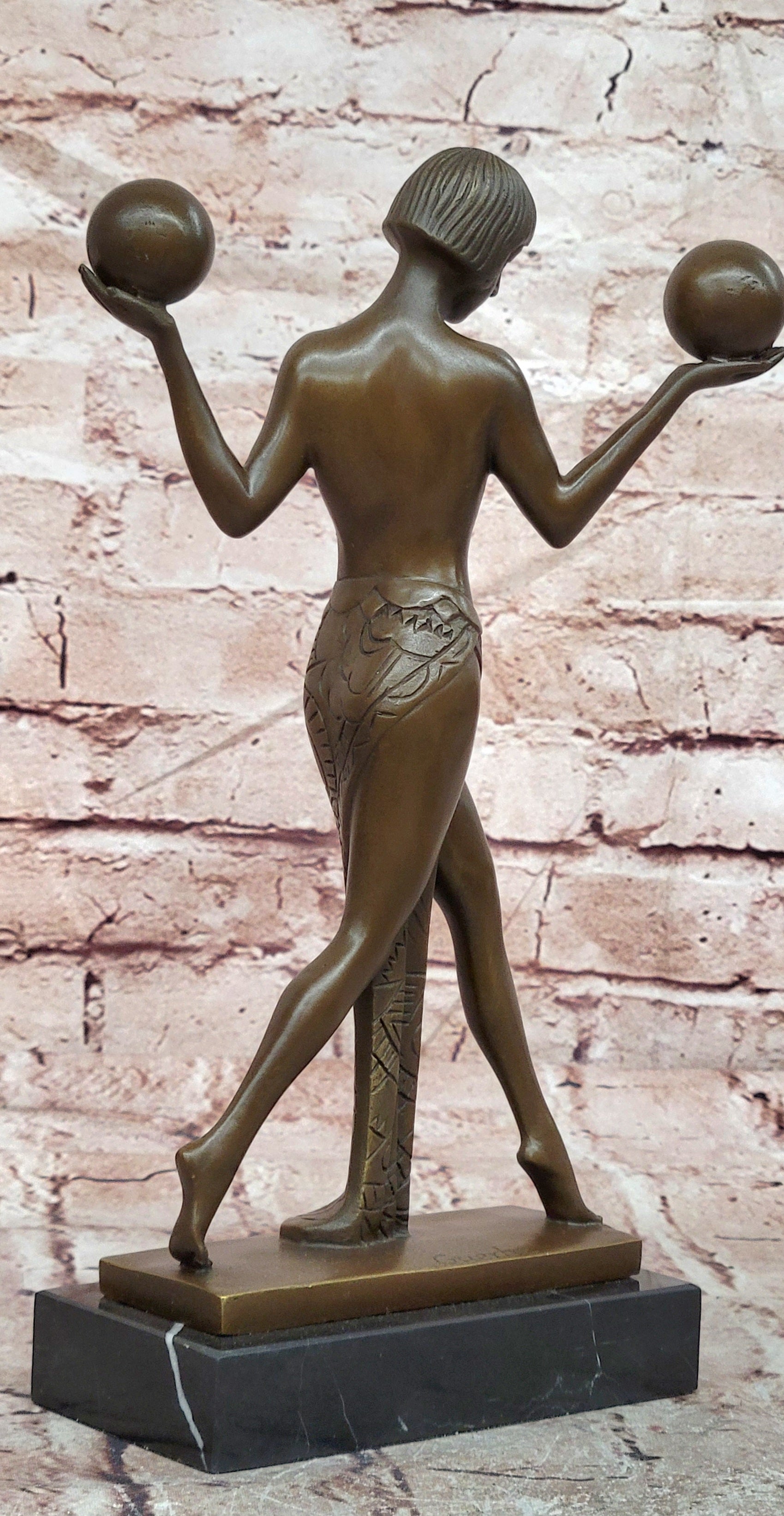 Signed Raymonde Guerbe Art Deco Regal Woman Balancing Balls Bronze Sculpture