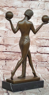 Signed Raymonde Guerbe Art Deco Regal Woman Balancing Balls Bronze Sculpture