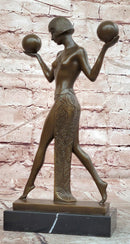 Signed Raymonde Guerbe Art Deco Regal Woman Balancing Balls Bronze Sculpture