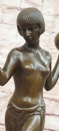 Signed Raymonde Guerbe Art Deco Regal Woman Balancing Balls Bronze Sculpture