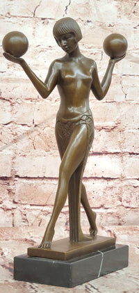 Signed Raymonde Guerbe Art Deco Regal Woman Balancing Balls Bronze Sculpture