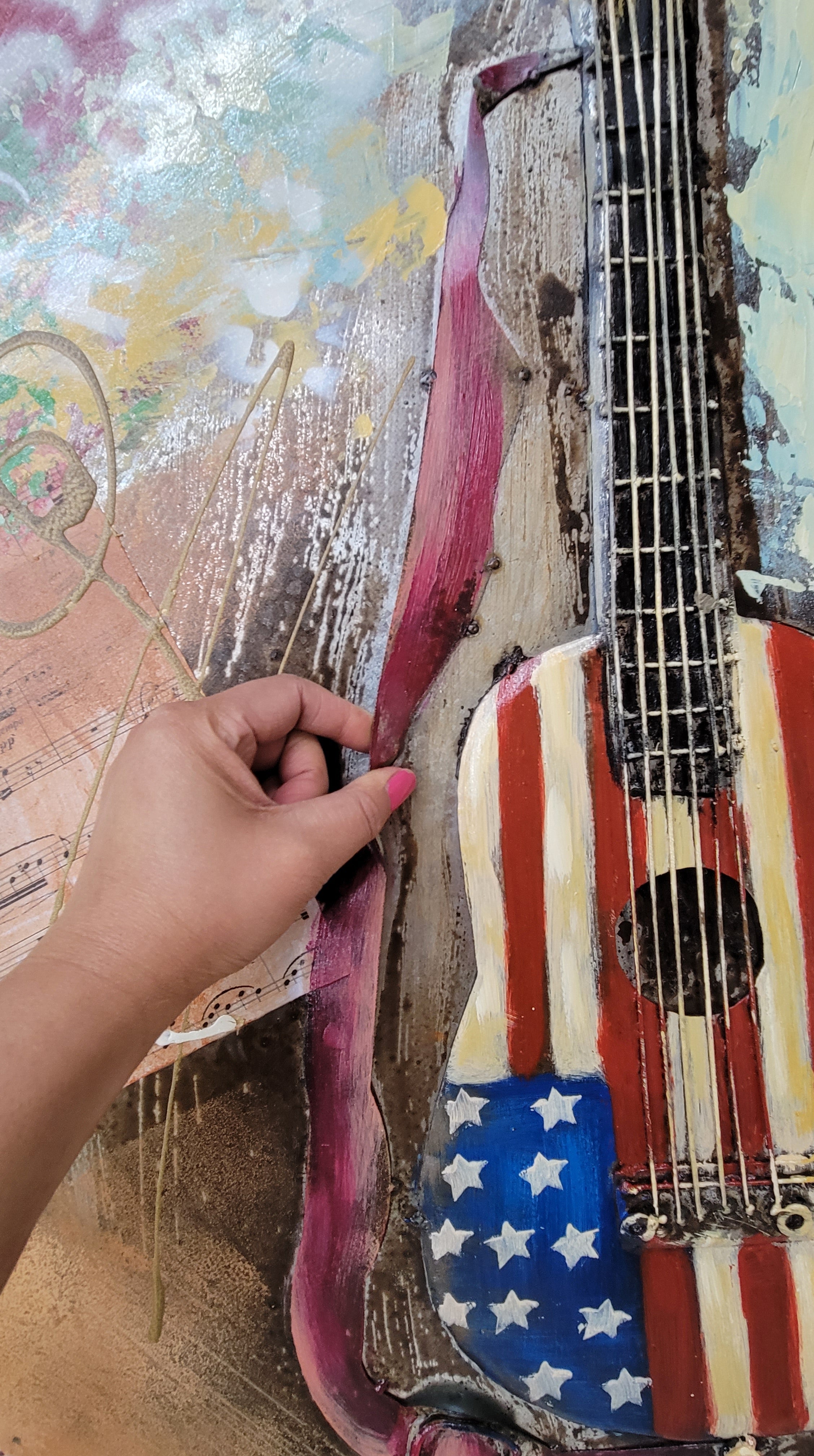 Colorful Abstract Guitar American Flag 3D Oil Painting Metal Canvas