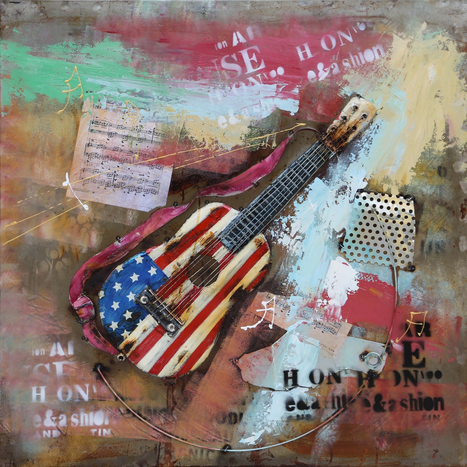 Colorful Abstract Guitar American Flag 3D Oil Painting Metal Canvas