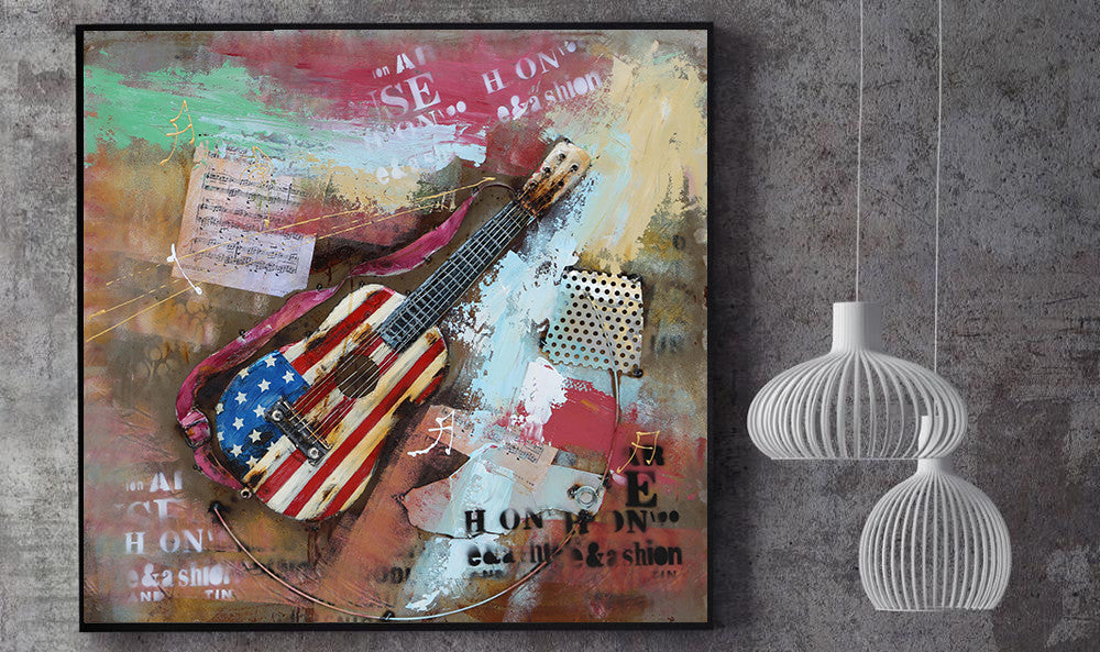 Colorful Abstract Guitar American Flag 3D Oil Painting Metal Canvas