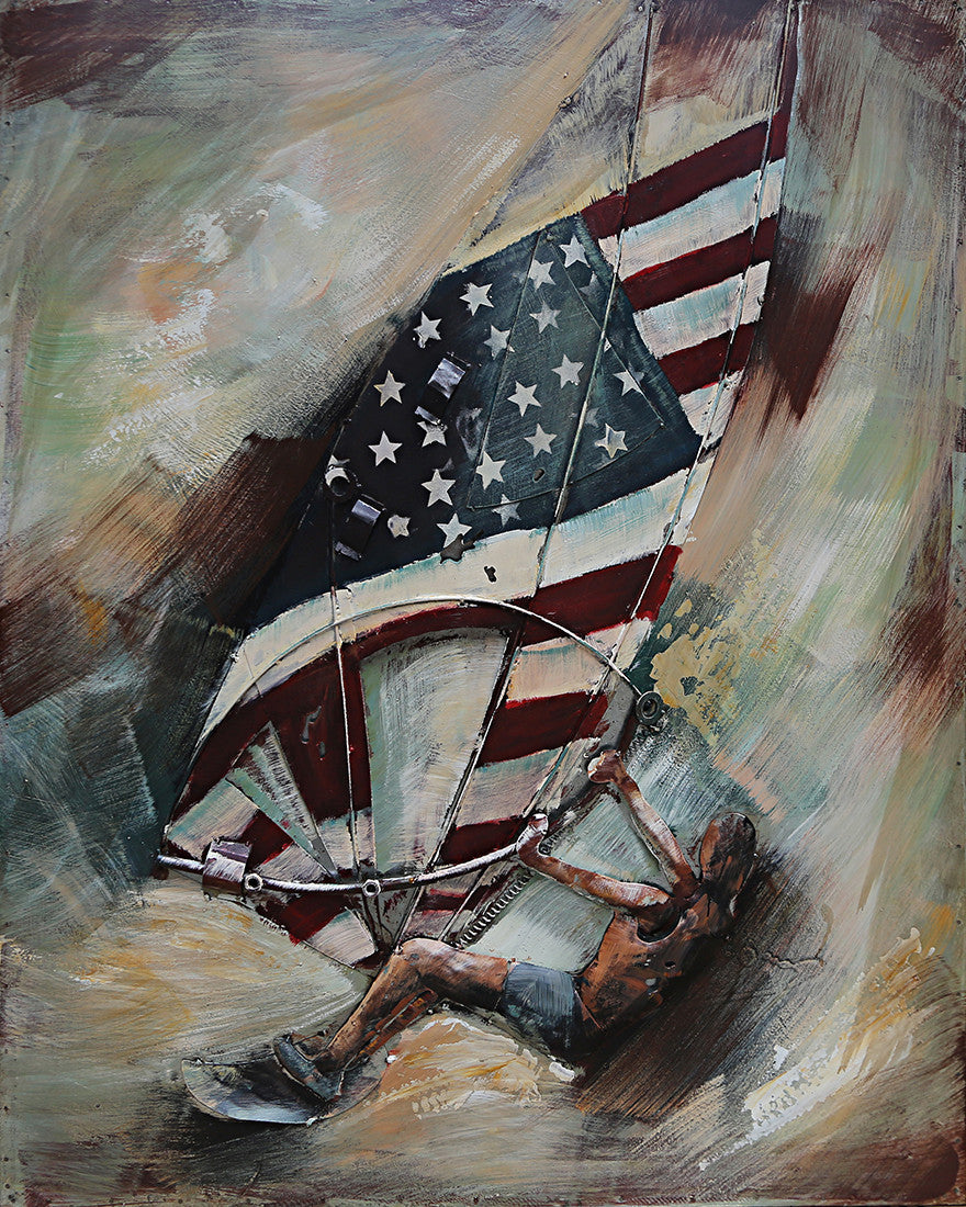 Windsurfing American Flag 3D Wall Art Mixed Media Metal Wood