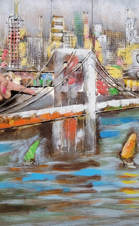 3D Wall Art Painting Bridge & Sailboats Mixed Media Metal Wood
