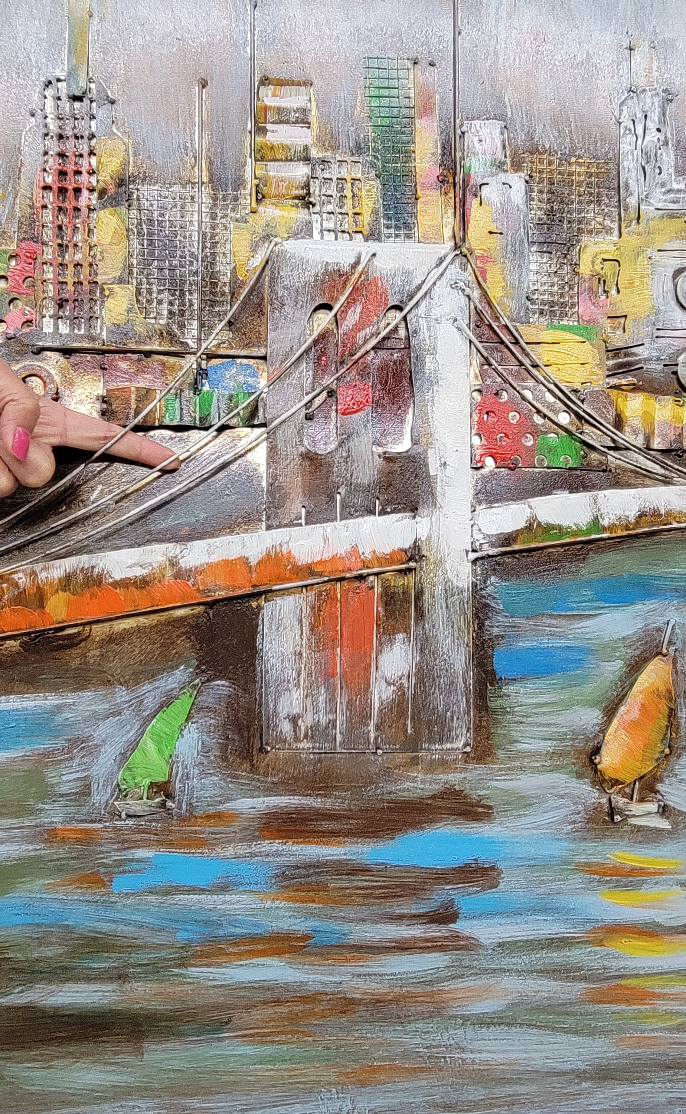3D Wall Art Painting Bridge & Sailboats Mixed Media Metal Wood