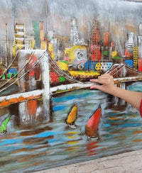 3D Wall Art Painting Bridge & Sailboats Mixed Media Metal Wood