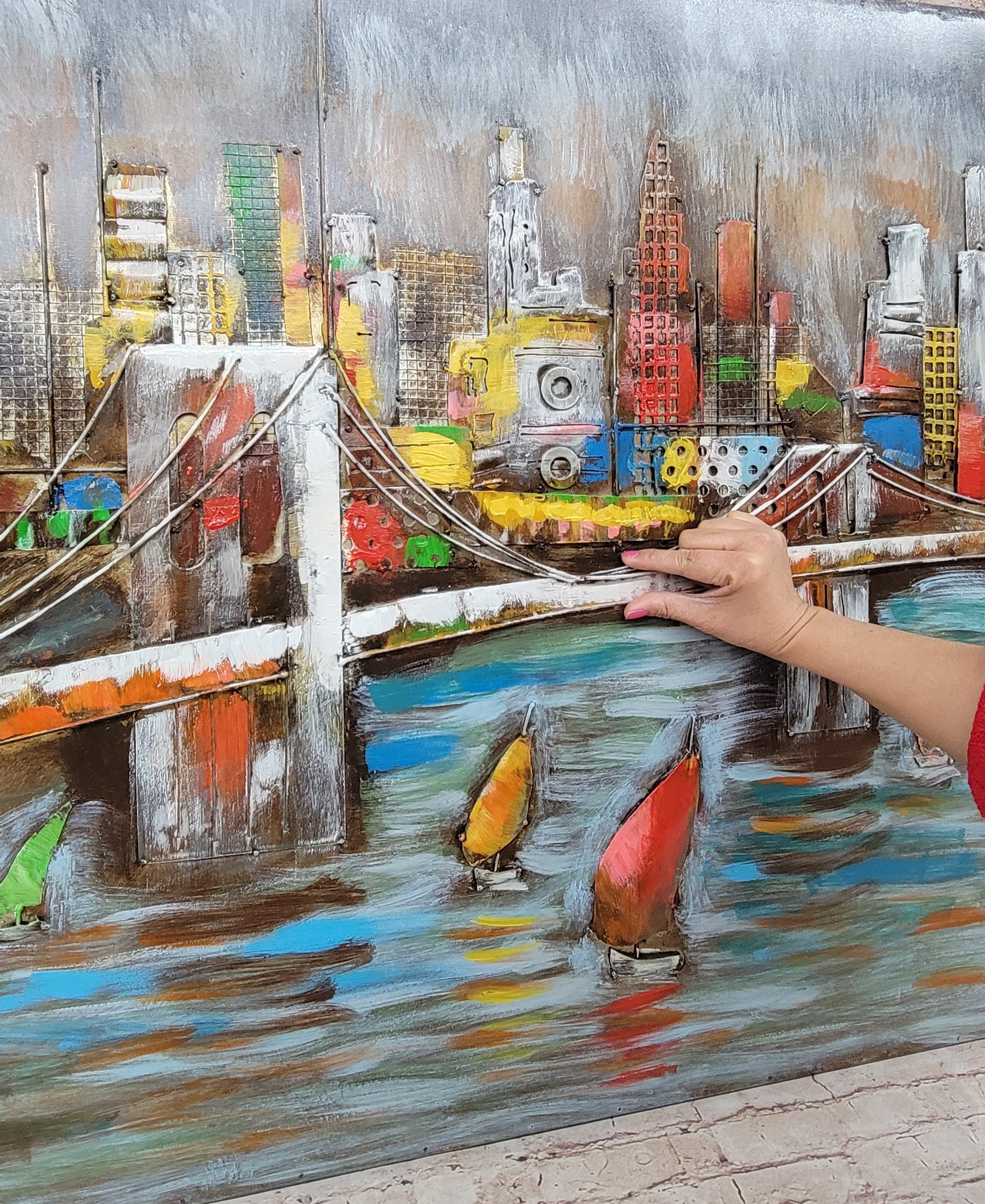 3D Wall Art Painting Bridge & Sailboats Mixed Media Metal Wood