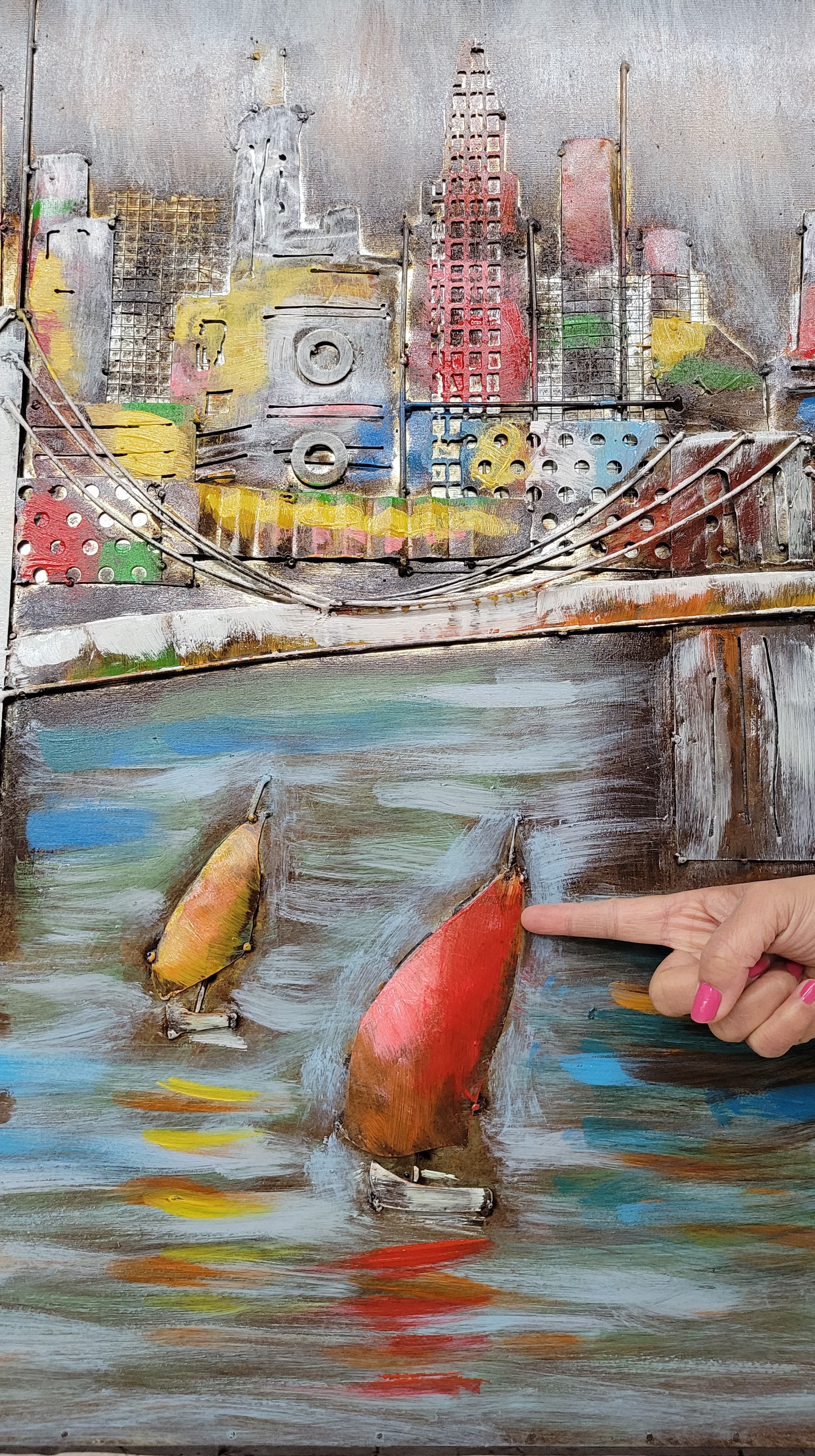 3D Wall Art Painting Bridge & Sailboats Mixed Media Metal Wood