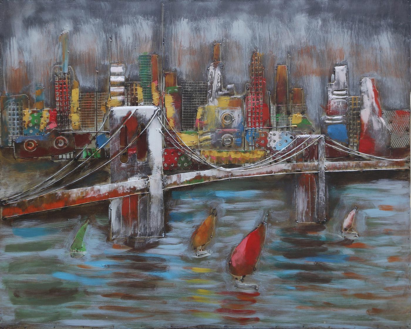 3D Wall Art Painting Bridge & Sailboats Mixed Media Metal Wood