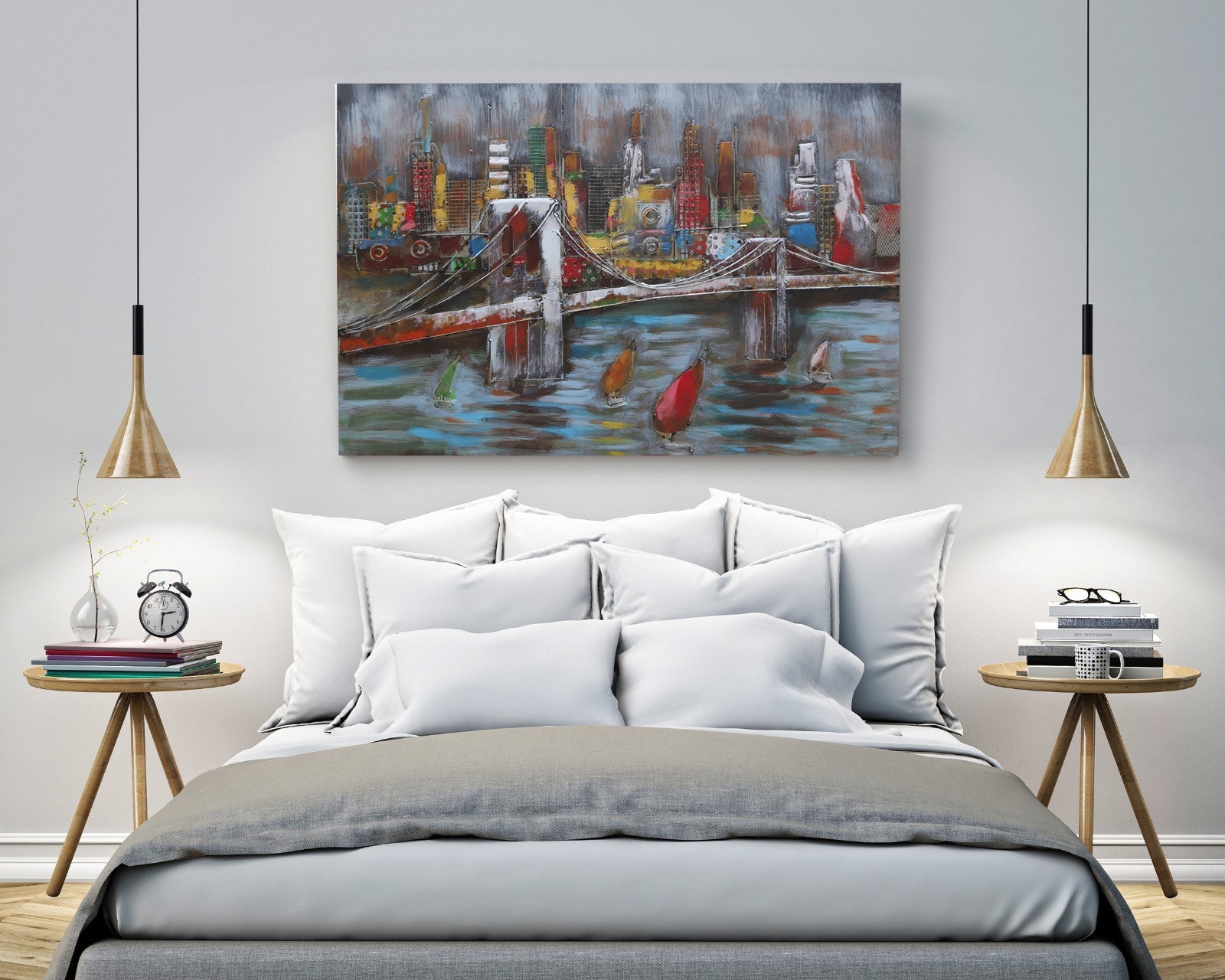 3D Wall Art Painting Bridge & Sailboats Mixed Media Metal Wood